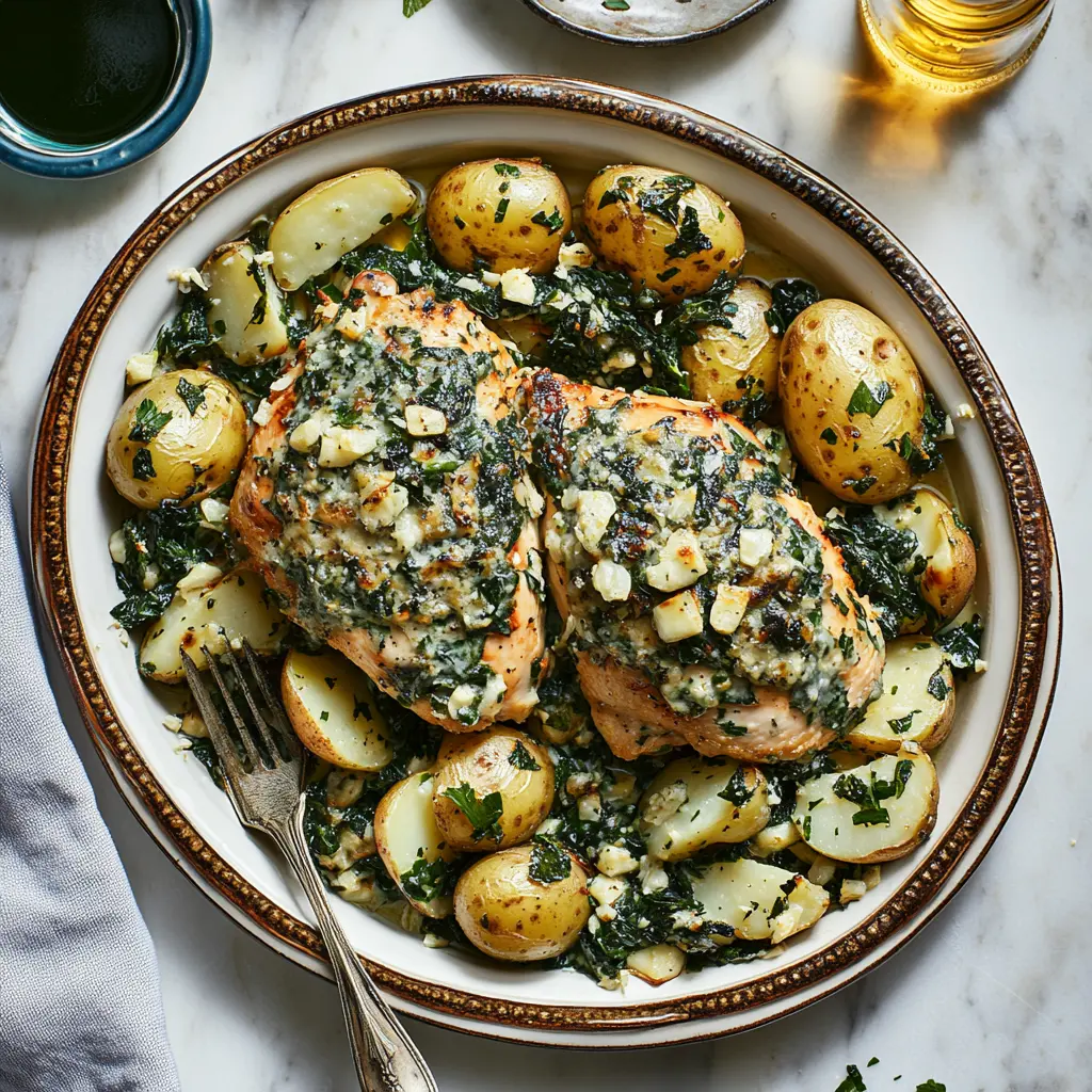 CHICKEN AND POTATOES WITH GARLIC PARMESAN centered hero view, clean and uncluttered