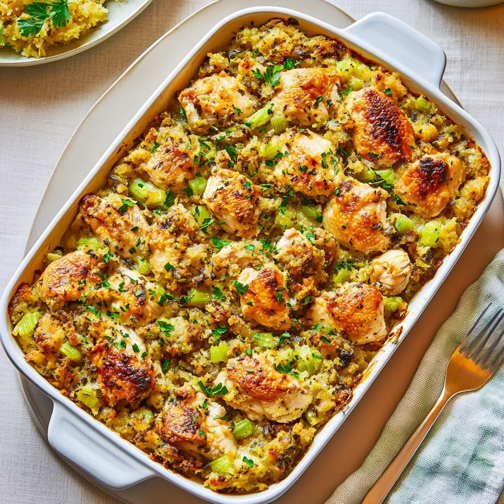 CHICKEN AND STUFFING CASSEROLE RECIPE centered hero view, clean and uncluttered