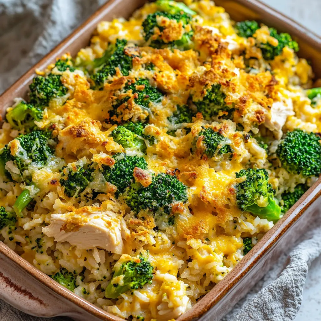 CHICKEN BROCCOLI RICE CASSEROLE centered hero view, clean and uncluttered