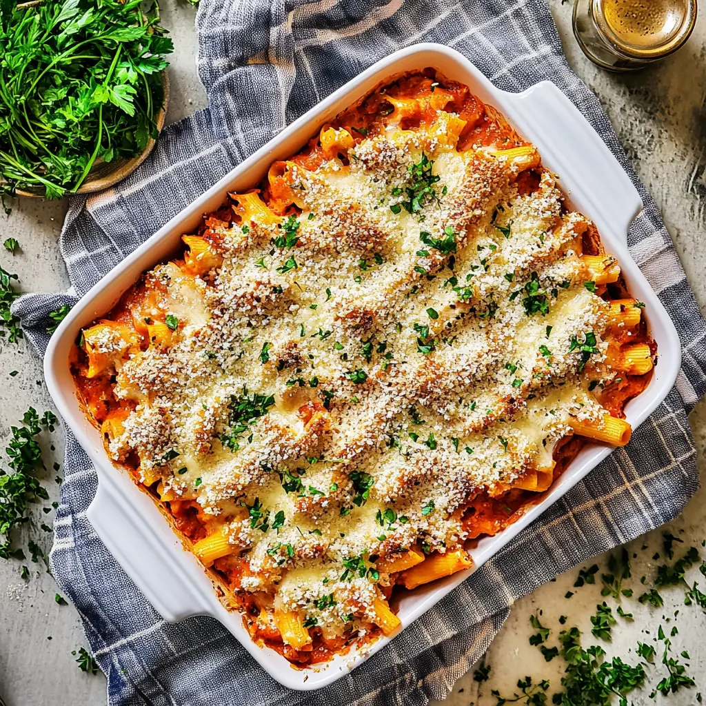 CHICKEN PARMESAN CASSEROLE recipe, served and ready to eat, easy homemade dinner