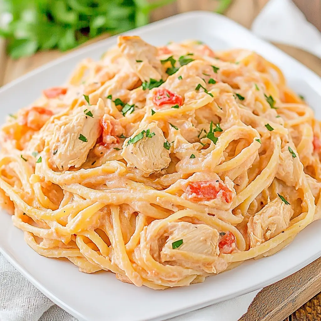 Chicken Spaghetti Recipe Easy Comforting Weeknight Dinner 2 CHICKEN SPAGHETTI centered hero view, clean and uncluttered