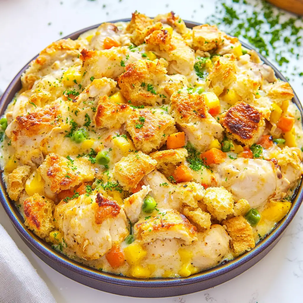 CREAMY CHICKEN AND BISCUIT CASSEROLE centered hero view, clean and uncluttered