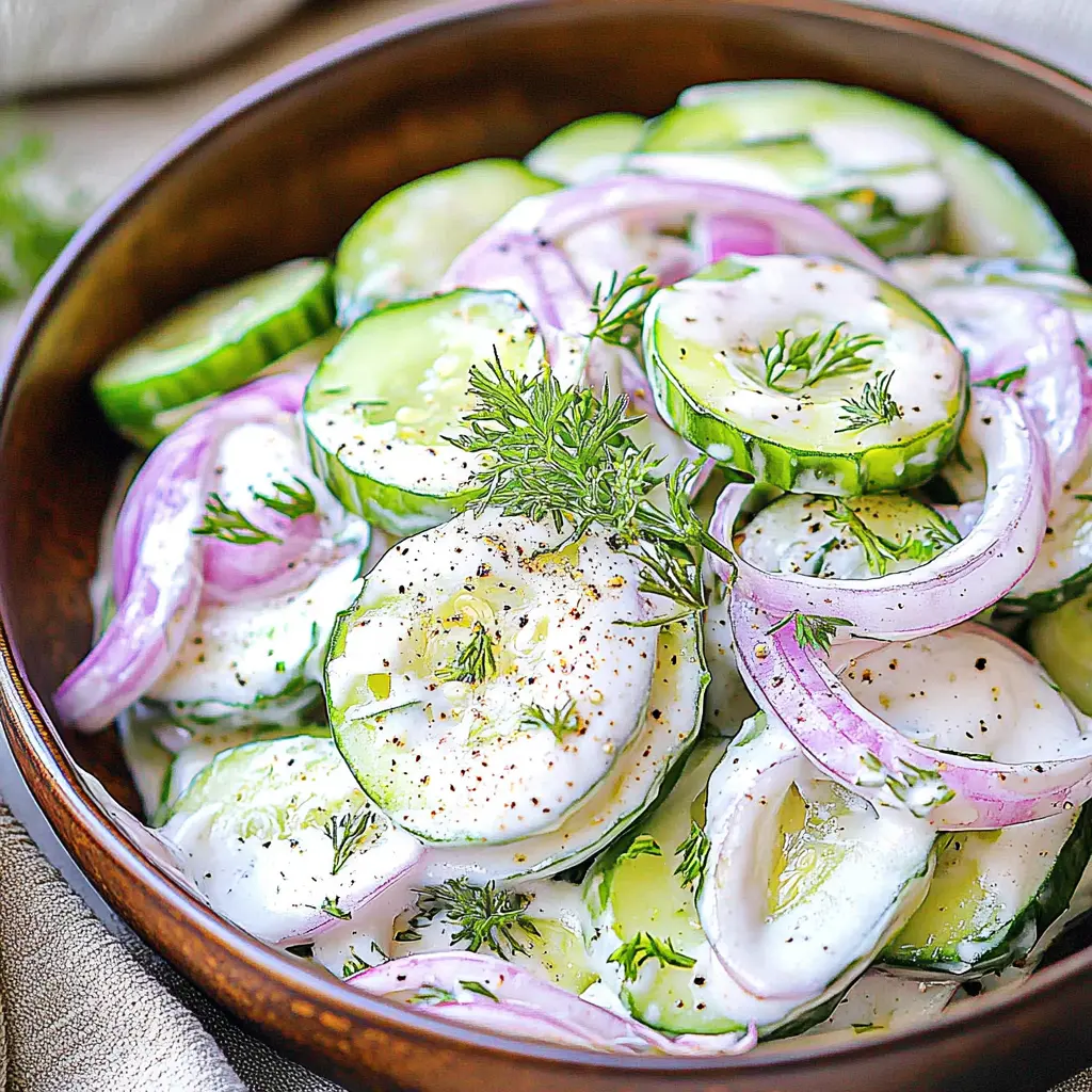 CREAMY CUCUMBER SALAD centered hero view, clean and uncluttered