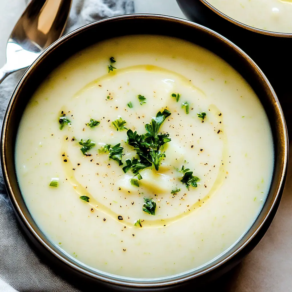 CREAMY LEEK AND POTATO SOUP centered hero view, clean and uncluttered