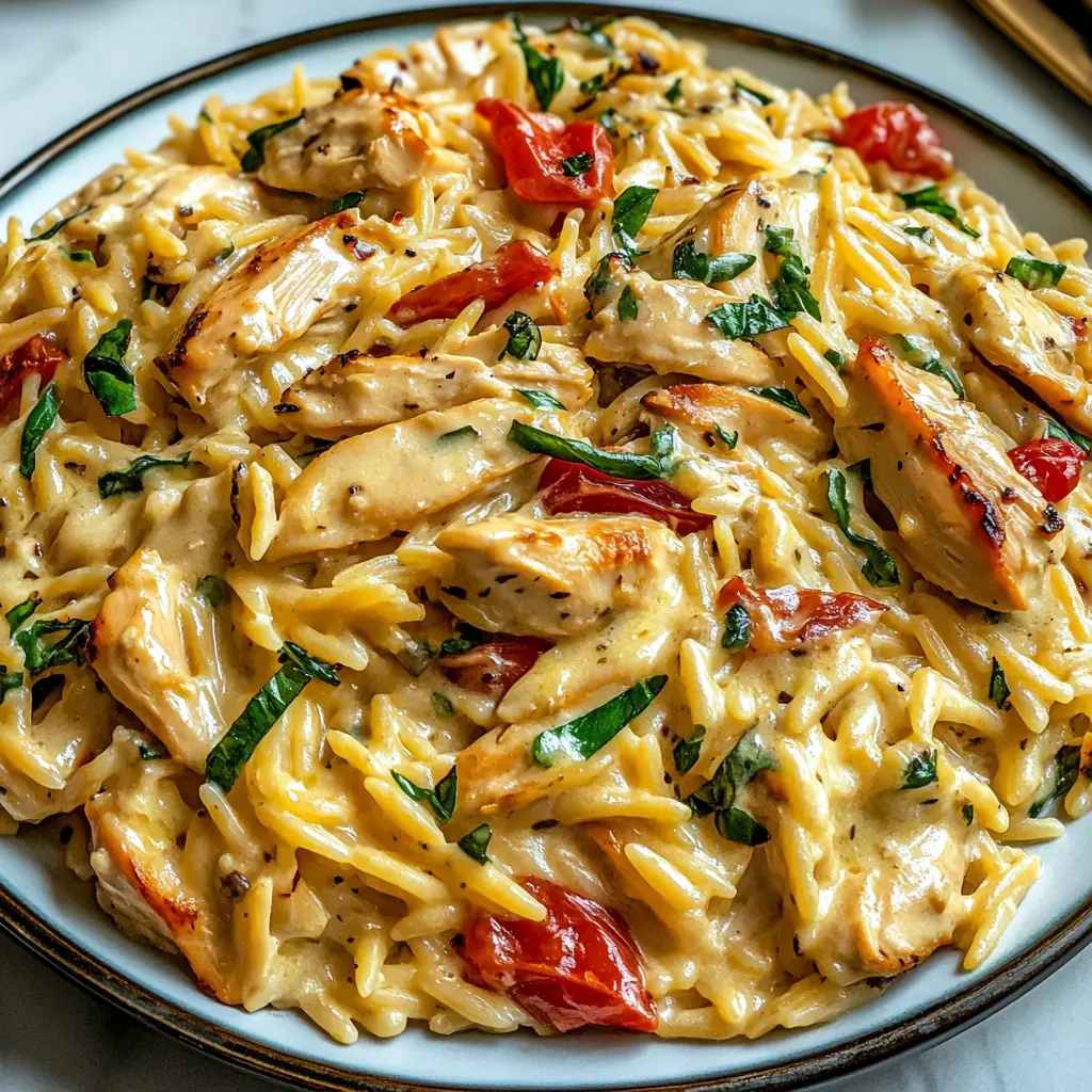 CREAMY TUSCAN CHICKEN ORZO centered hero view, clean and uncluttered