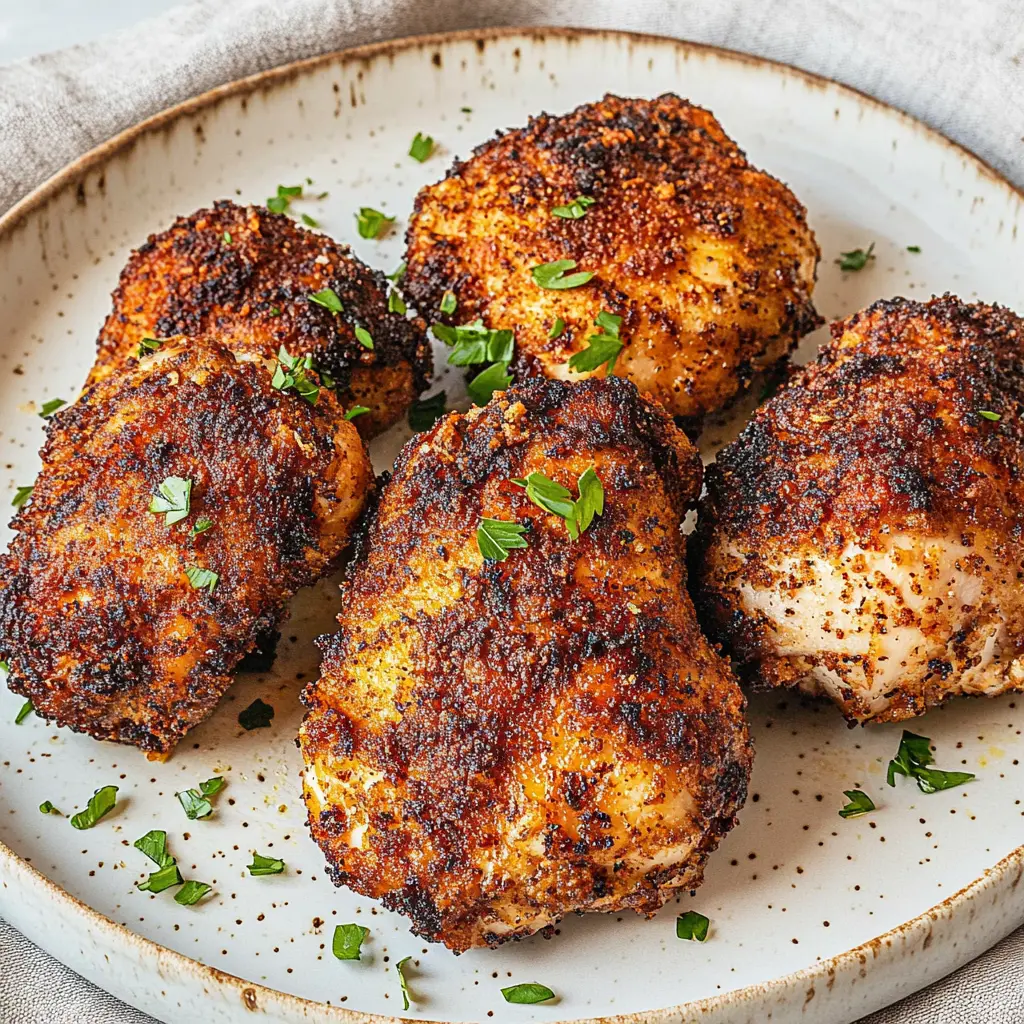 CRISPY AIR FRYER CHICKEN THIGHS centered hero view, clean and uncluttered