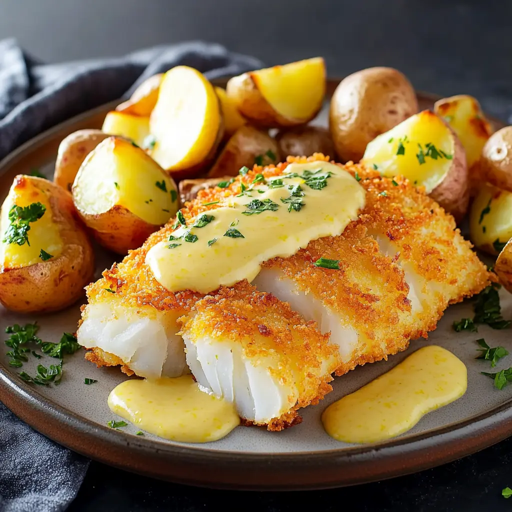 CRISPY BATTERED COD WITH LEMON BUTTER SAUCE AND ROASTED POTATOES centered hero view, clean and uncluttered