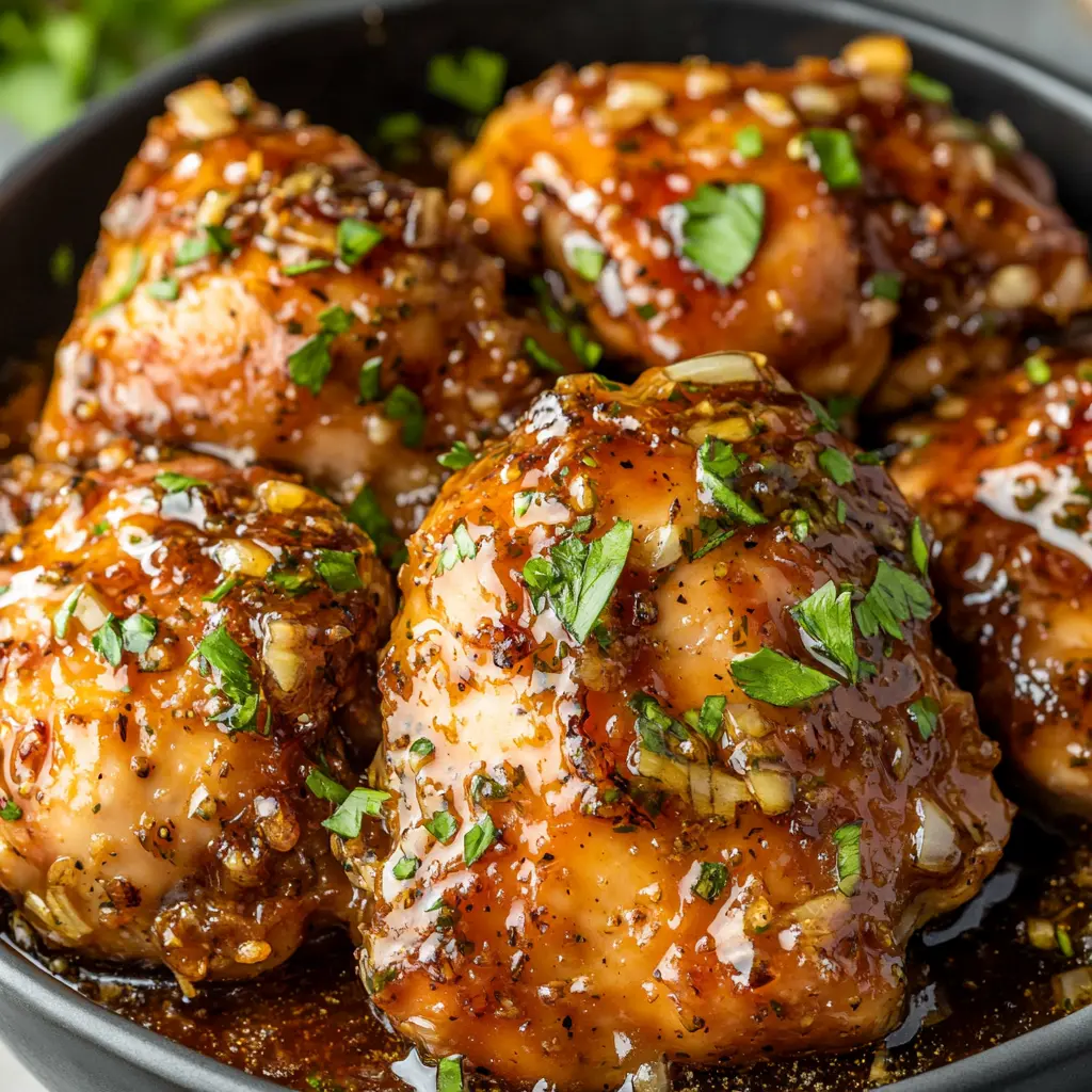 CROCK POT HONEY GARLIC CHICKEN centered hero view, clean and uncluttered