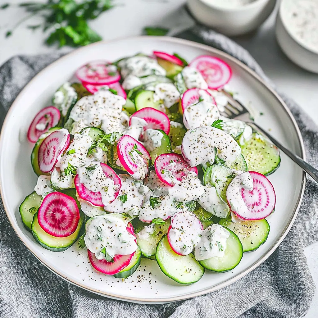CUCUMBER RADISH SALAD centered hero view, clean and uncluttered