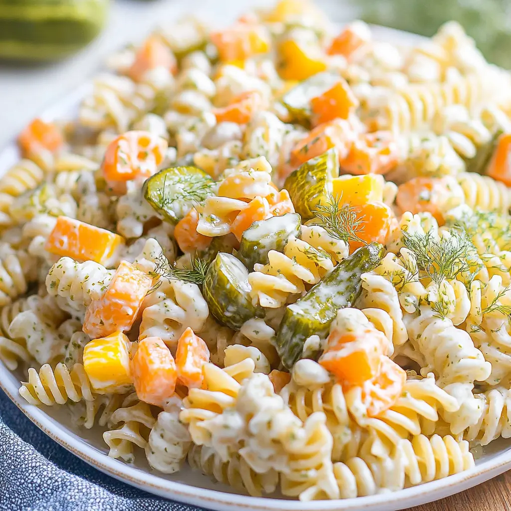 DILL PICKLE PASTA SALAD centered hero view, clean and uncluttered