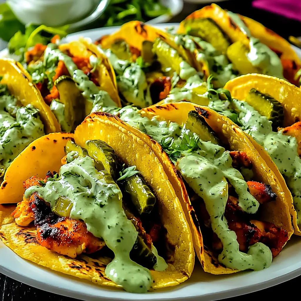 DILL PICKLE RANCH SMASH CHICKEN TACOS centered hero view, clean and uncluttered