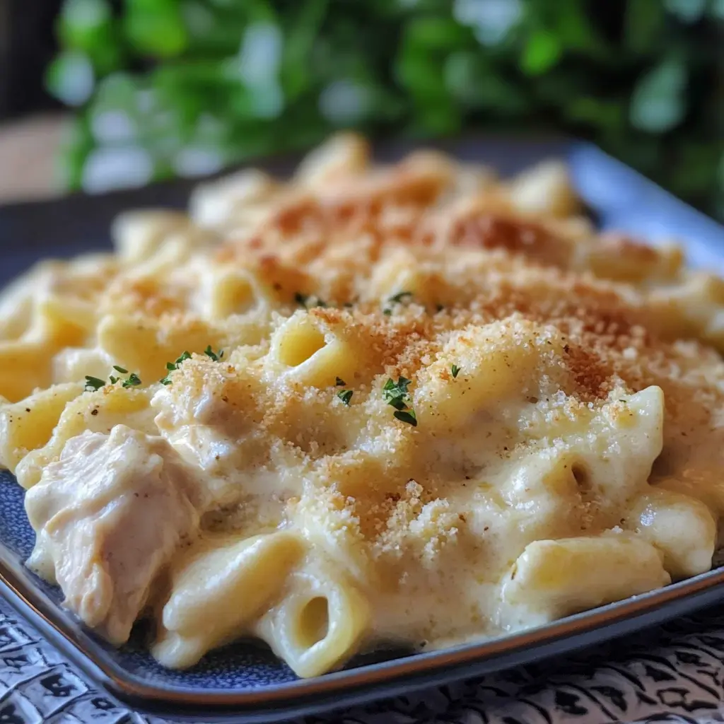 DUMP AND BAKE CHICKEN ALFREDO centered hero view, clean and uncluttered