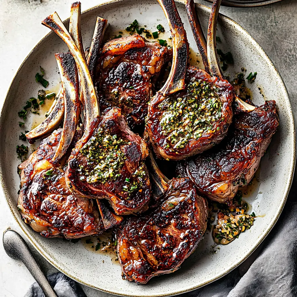 EASTER LAMB CHOPS WITH GARLIC HERB BUTTER centered hero view, clean and uncluttered