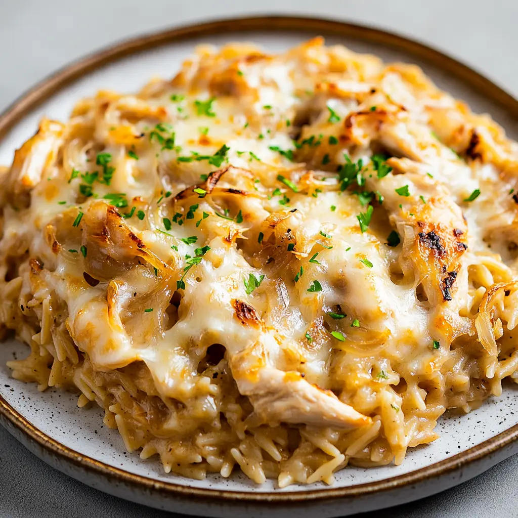 FRENCH ONION CHICKEN ORZO CASSEROLE centered hero view, clean and uncluttered