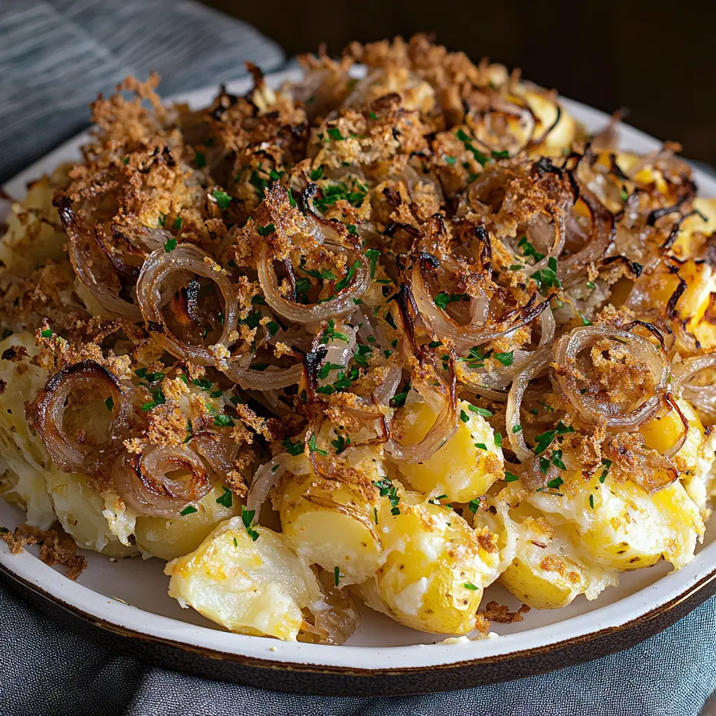 FRENCH ONION FUNERAL POTATOES centered hero view, clean and uncluttered