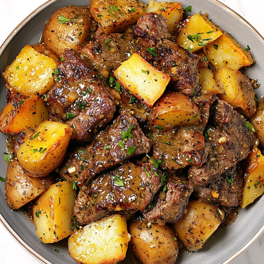 Garlic Butter Steak and Potatoes Easy Weeknight Dinner 2 GARLIC BUTTER STEAK AND POTATOES centered hero view, clean and uncluttered