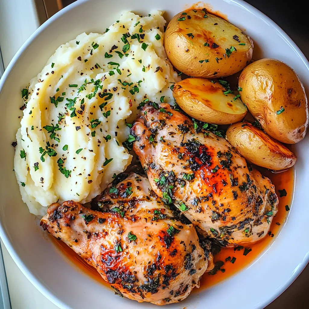 GARLIC HERB CHICKEN WITH MASHED POTATOES centered hero view, clean and uncluttered