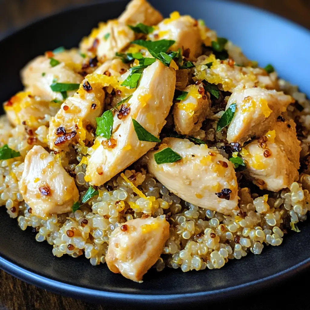 GARLIC LEMON CHICKEN QUINOA centered hero view, clean and uncluttered