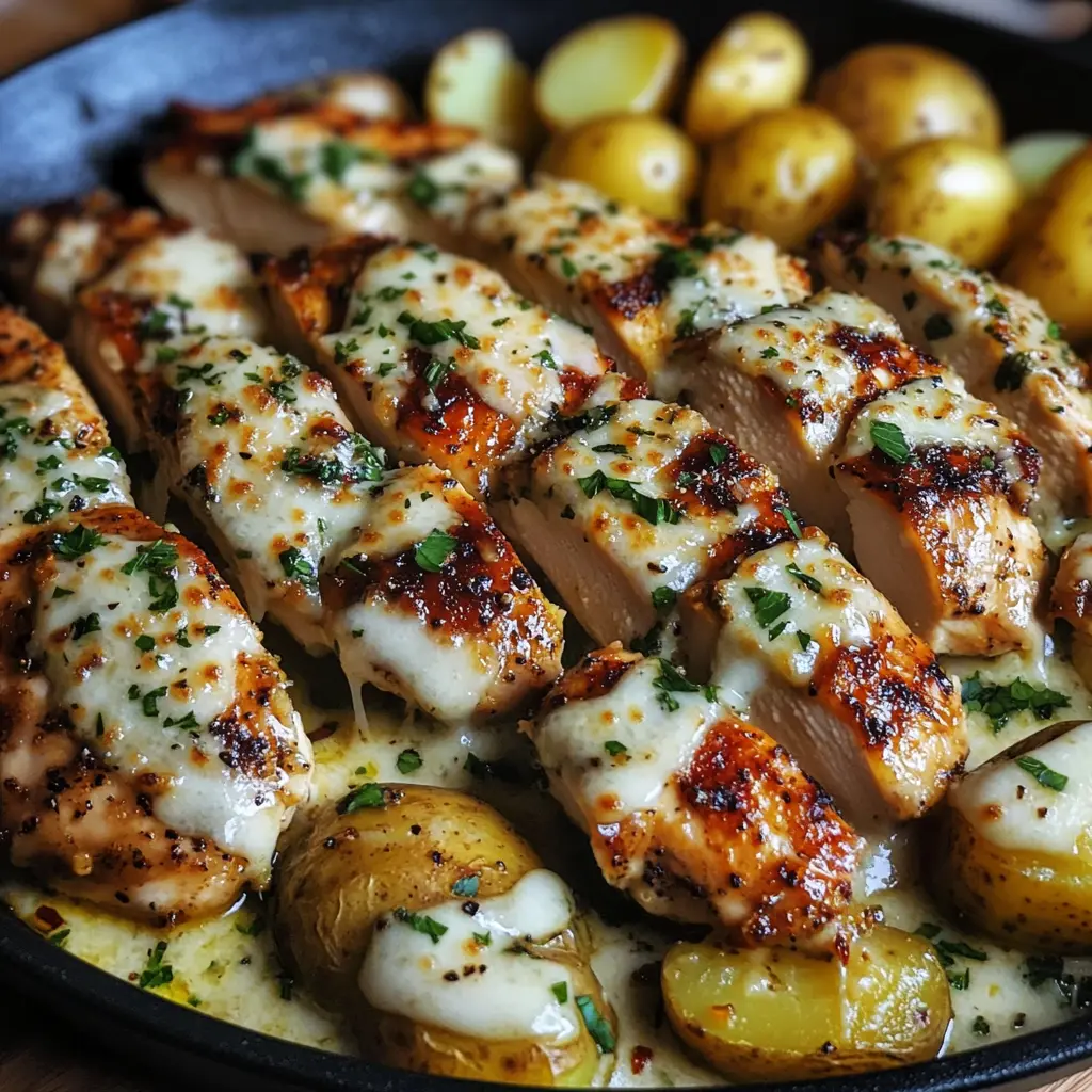 Garlic Parmesan Chicken and Potatoes Skillet Easy Weeknight Dinner 2 GARLIC PARMESAN CHICKEN AND POTATOES SKILLET centered hero view, clean and uncluttered