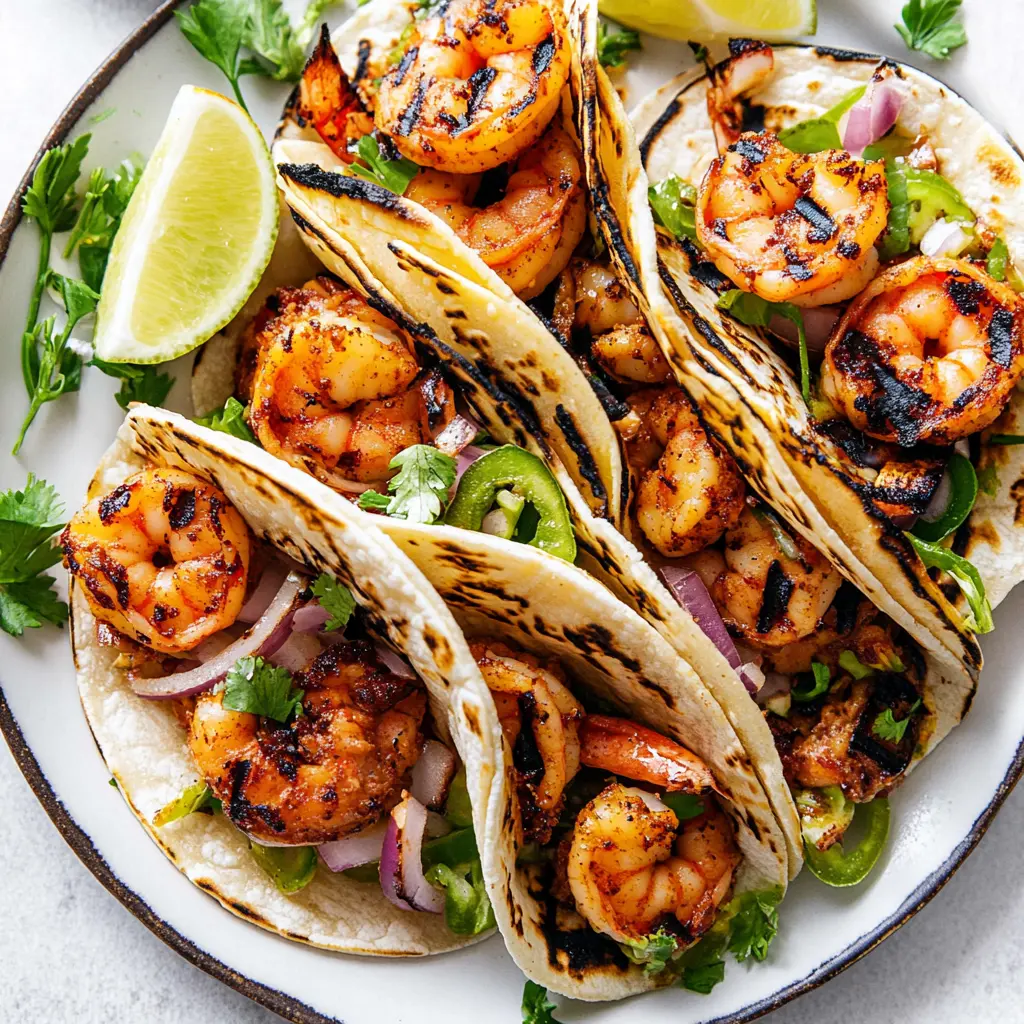 GRILLED SHRIMP TACOS centered hero view, clean and uncluttered
