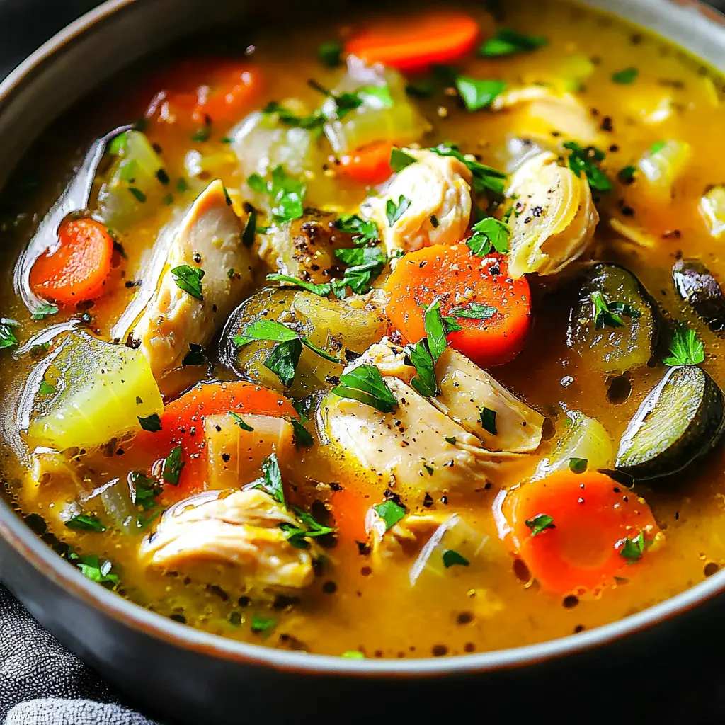 HEARTY CHICKEN VEGGIE SOUP centered hero view, clean and uncluttered