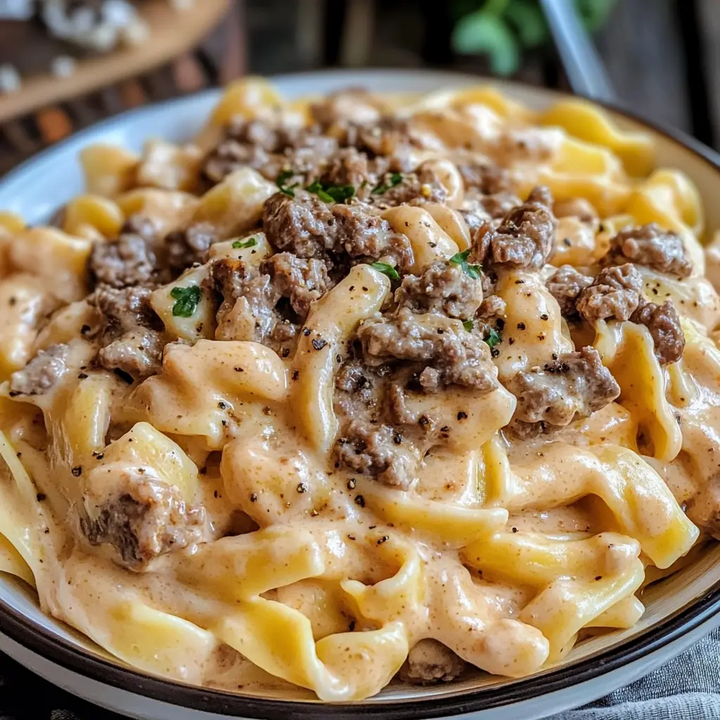 HIGH PROTEIN CREAMY BEEF PASTA centered hero view, clean and uncluttered