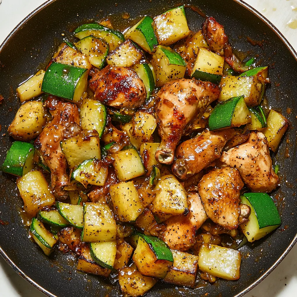 Honey Garlic Chicken and Zucchini Skillet Easy Weeknight Dinner 2 HONEY GARLIC CHICKEN AND ZUCCHINI SKILLET centered hero view, clean and uncluttered
