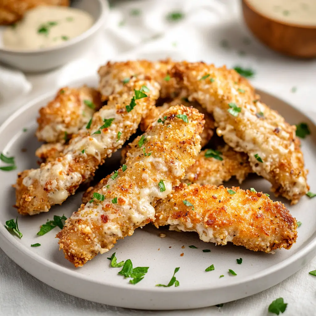 LOW CARB PARMESAN CHICKEN TENDERS AIR FRYER centered hero view, clean and uncluttered
