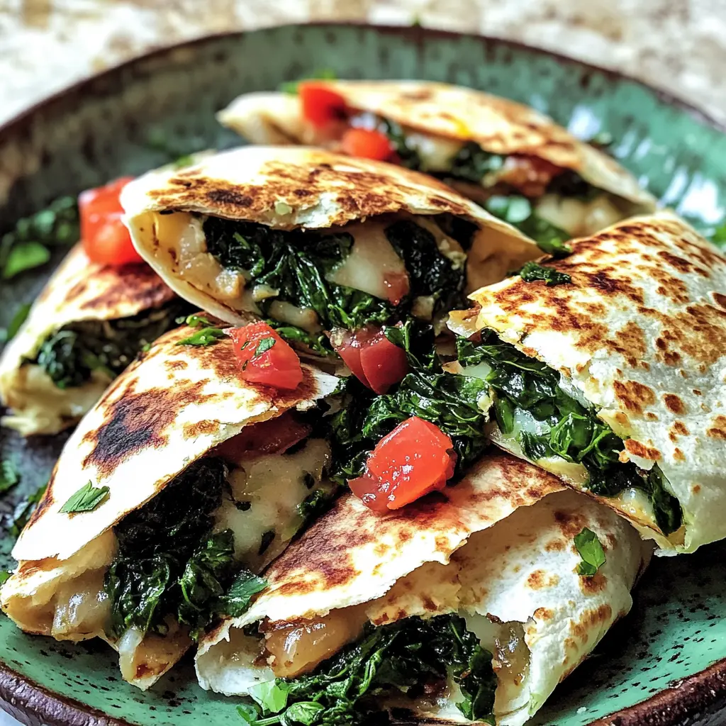 MEDITERRANEAN QUESADILLAS WITH SPINACH centered hero view, clean and uncluttered