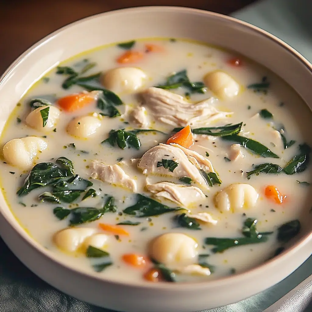 OLIVE GARDEN STYLE CHICKEN AND GNOCCHI SOUP centered hero view, clean and uncluttered