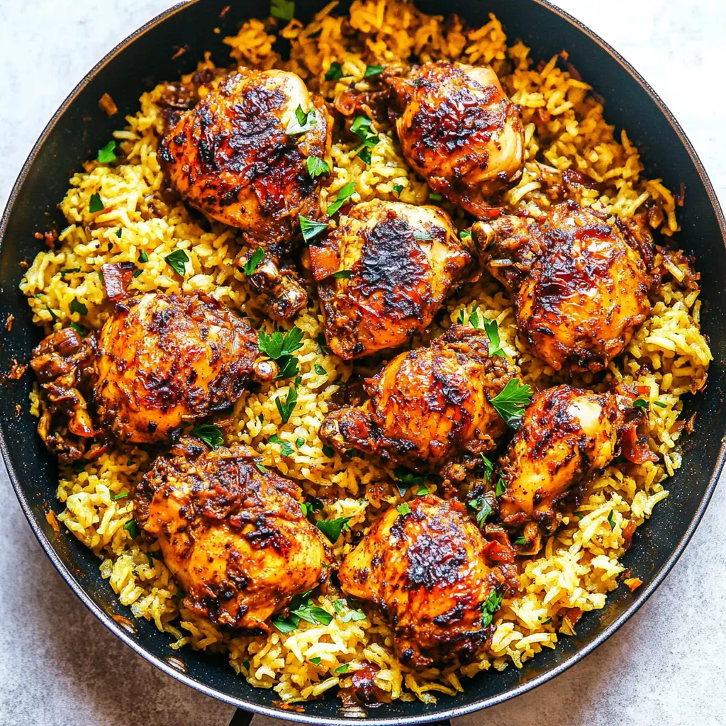 One Pan Spanish Chicken and Rice Easy Weeknight Dinner 2 ONE PAN SPANISH CHICKEN AND RICE centered hero view, clean and uncluttered