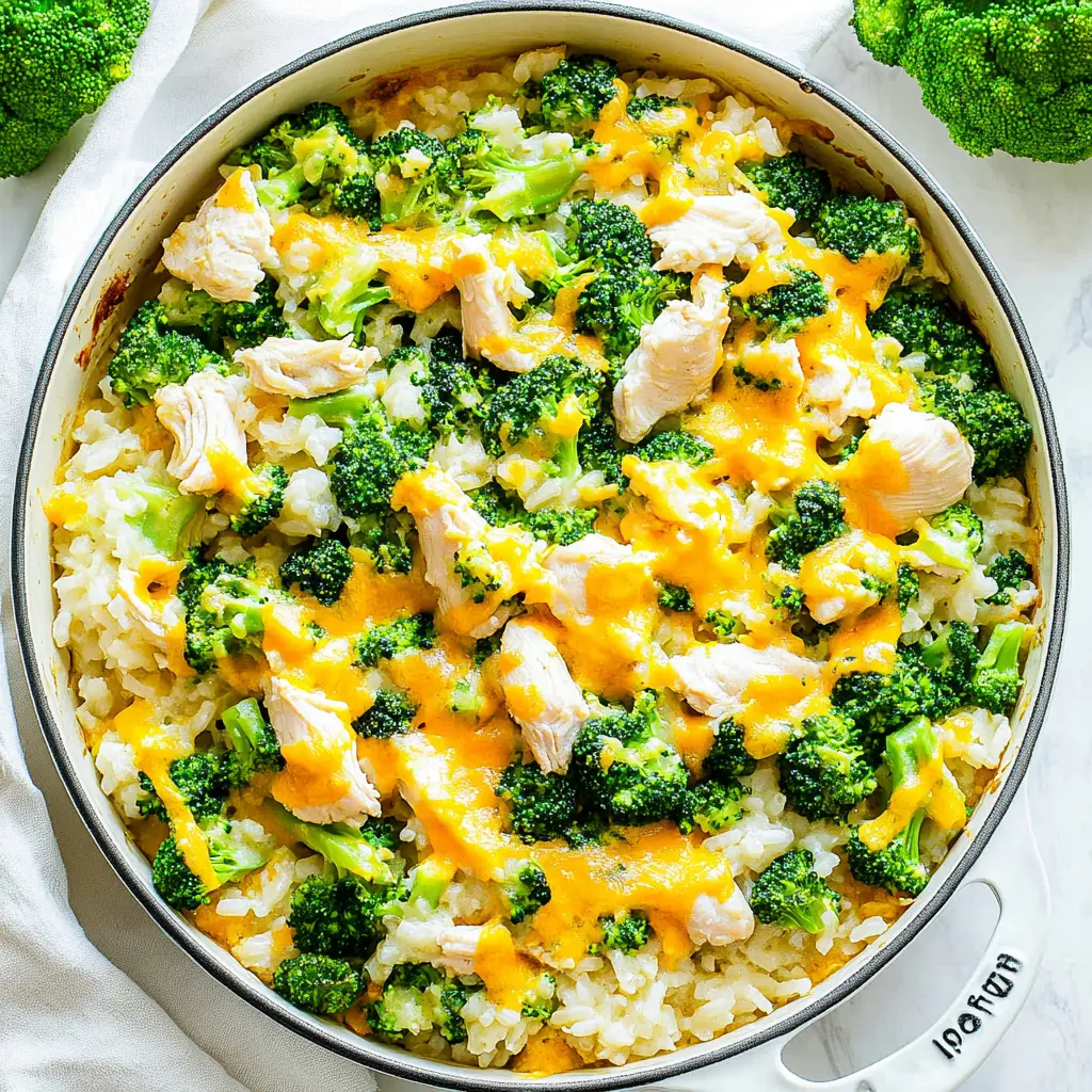 ONE POT CHICKEN BROCCOLI RICE CASSEROLE centered hero view, clean and uncluttered
