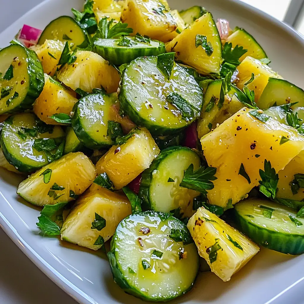 PINEAPPLE CUCUMBER SALAD centered hero view, clean and uncluttered