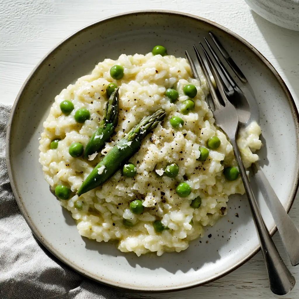 RISOTTO WITH ASPARAGUS AND PEAS centered hero view, clean and uncluttered