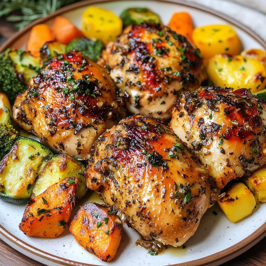 ROASTED GARLIC CHICKEN AND VEGETABLES centered hero view, clean and uncluttered