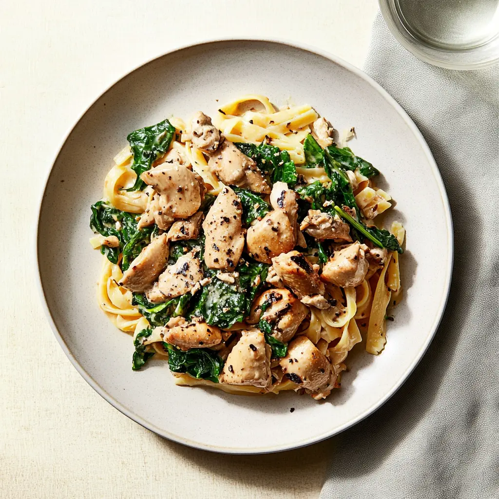 Rotisserie Chicken and Greens Pasta Easy Weeknight Dinner 2 ROTISSERIE CHICKEN AND GREENS PASTA centered hero view, clean and uncluttered