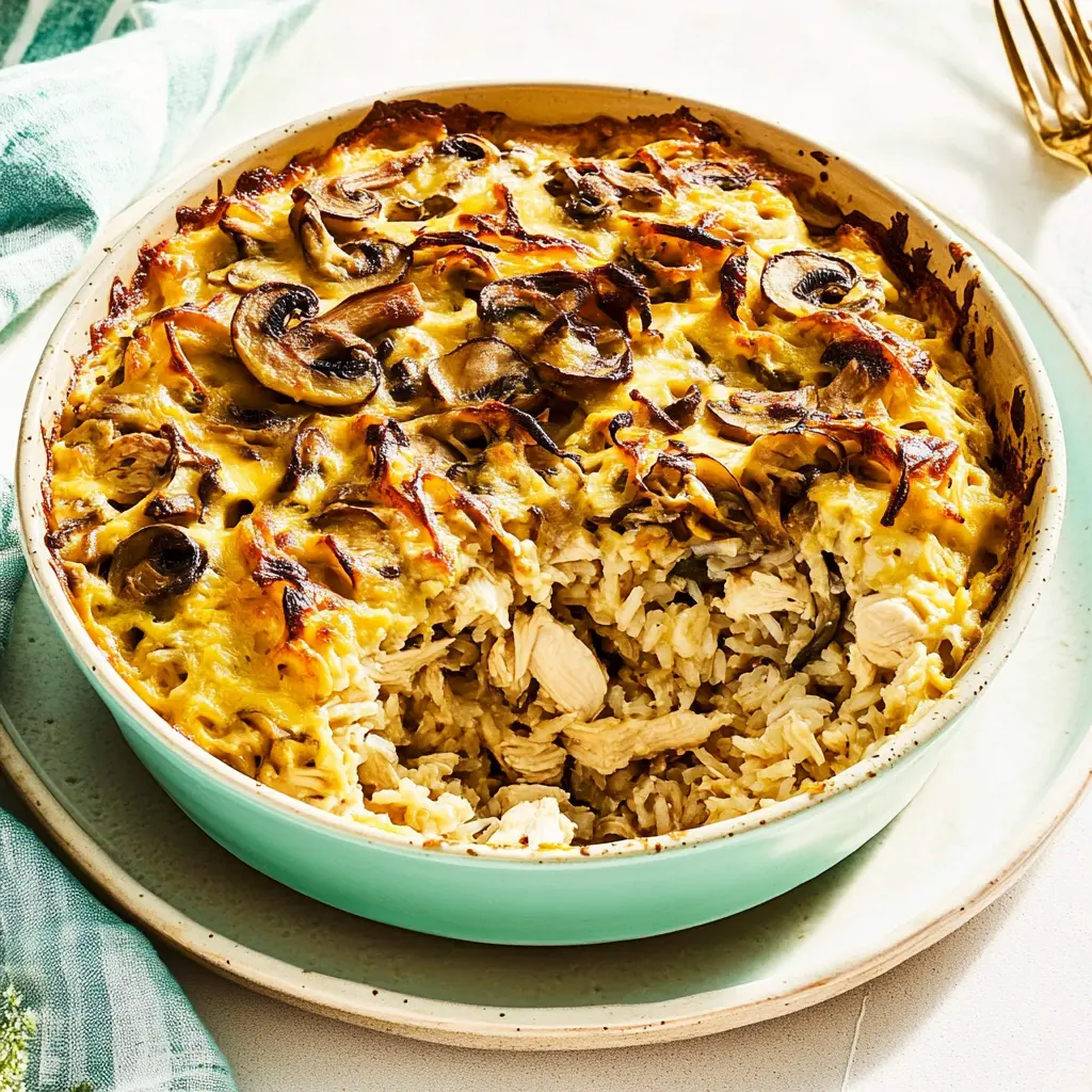 ROTISSERIE CHICKEN MUSHROOM AND RICE CASSEROLE centered hero view, clean and uncluttered