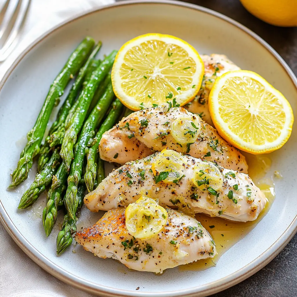 SHEET PAN CHICKEN ASPARAGUS LEMON centered hero view, clean and uncluttered