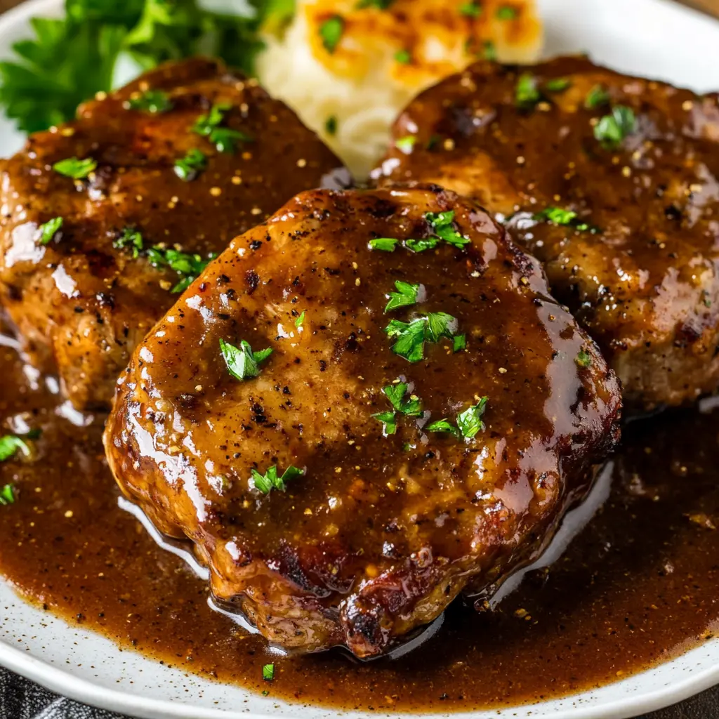 Slow Cooker Salisbury Steak Easy Comforting Dinner 2 SLOW COOKER SALISBURY STEAK centered hero view, clean and uncluttered