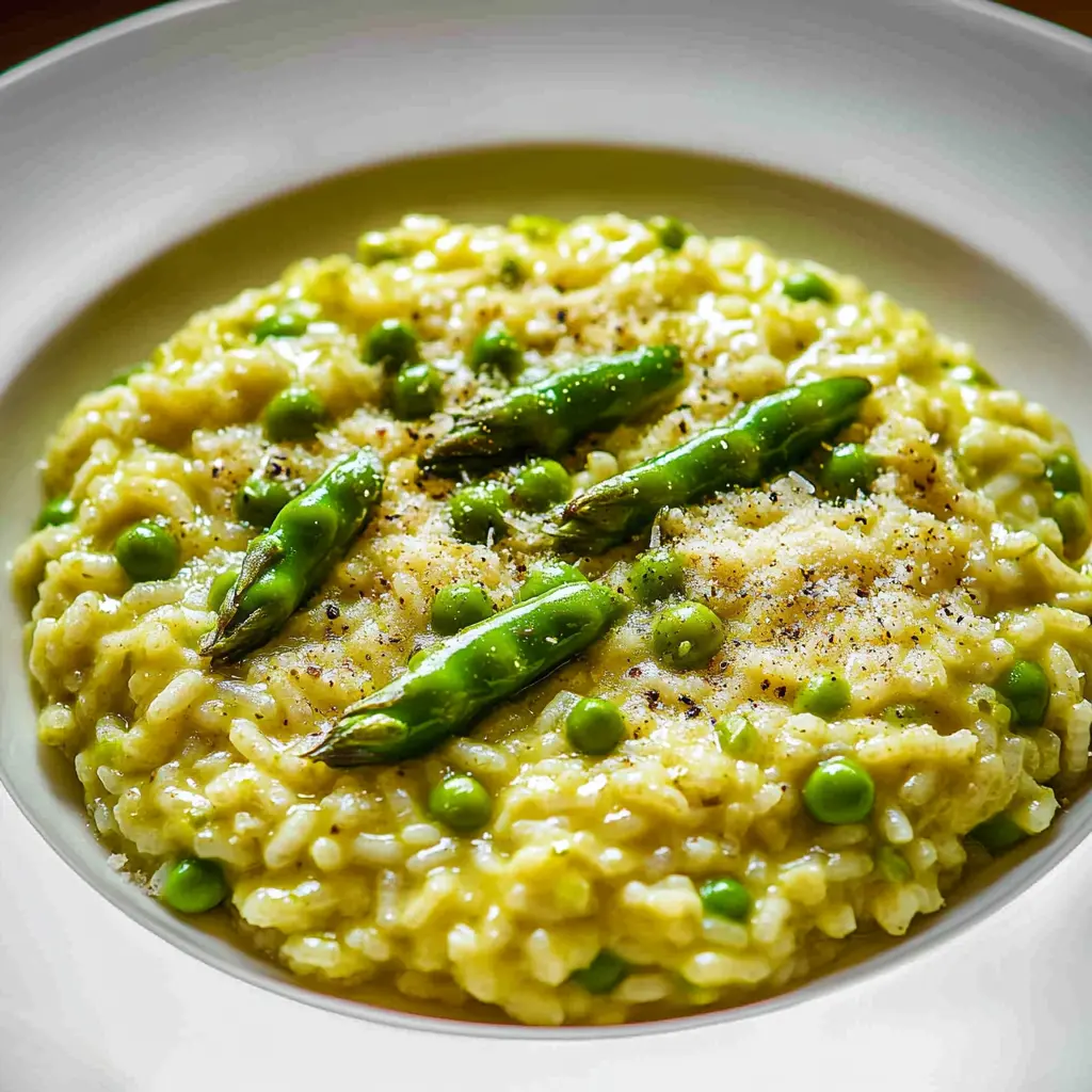 SPRING RISOTTO WITH ASPARAGUS AND PEAS centered hero view, clean and uncluttered