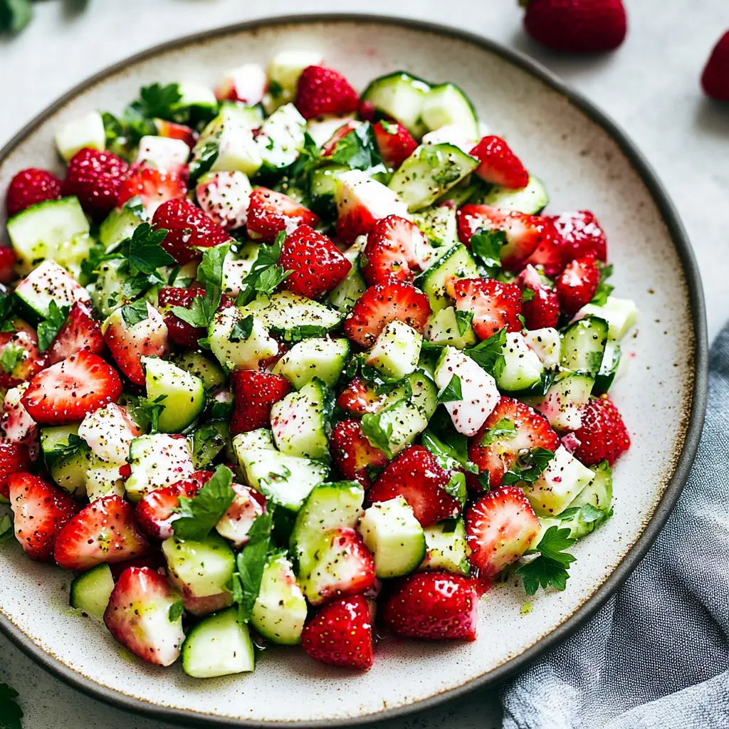 STRAWBERRY CUCUMBER SALAD centered hero view, clean and uncluttered