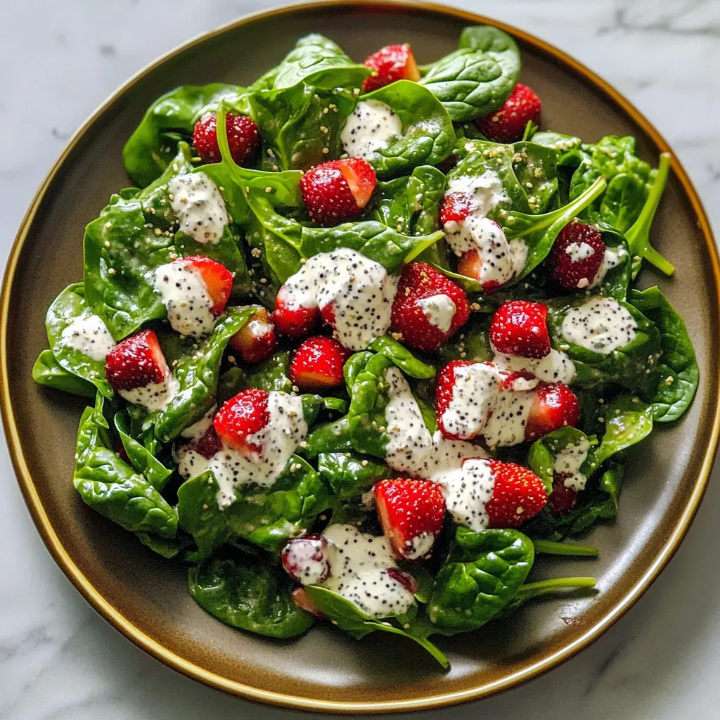 Strawberry Spinach Salad with Poppy Seed Dressing Easy Fresh Weeknight Meal 2 STRAWBERRY SPINACH SALAD WITH POPPY SEED DRESSING centered hero view, clean and uncluttered