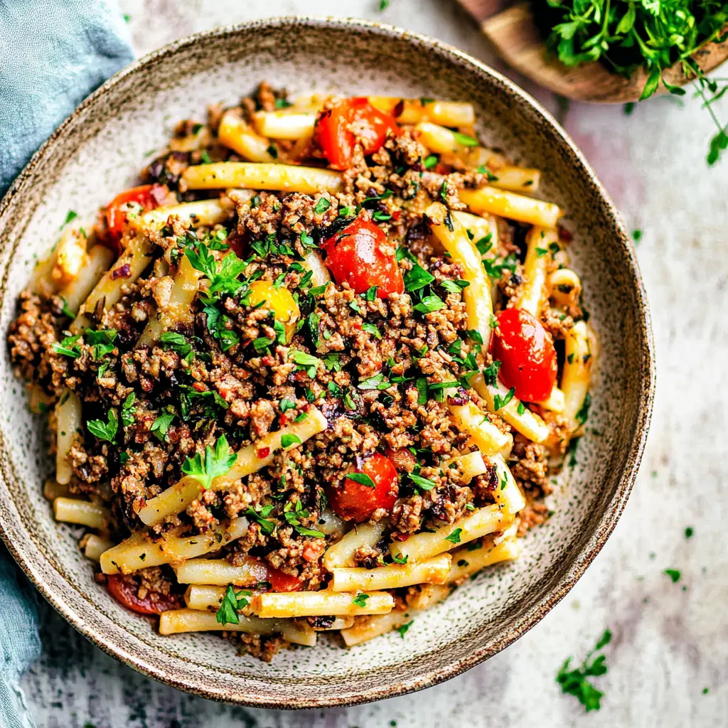 TURKISH PASTA GROUND MEAT recipe, served and ready to eat, easy homemade dinner