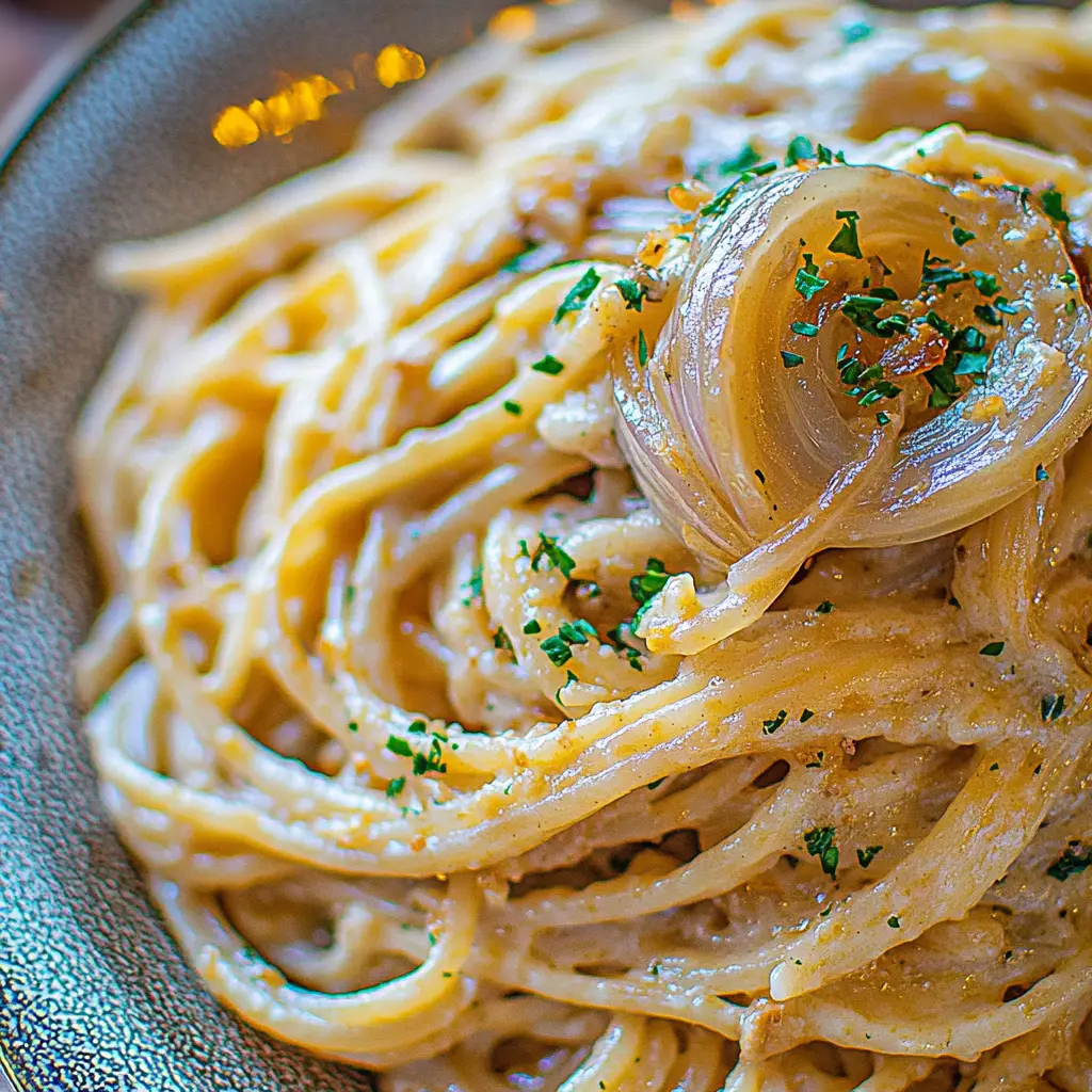 Caramelized Onion Pasta Cozy Simple Weeknight Dinner 2 CARAMELIZED ONION PASTA recipe, served and ready to eat, easy homemade dinner