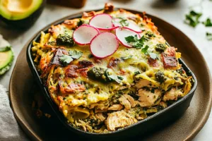 SALSA VERDE CHICKEN CASSEROLE centered hero view, clean and uncluttered