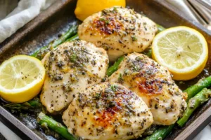 SHEET PAN CHICKEN ASPARAGUS LEMON centered hero view, clean and uncluttered