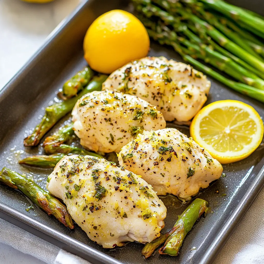 Sheet pan chicken asparagus lemon centered hero view, clean and uncluttered