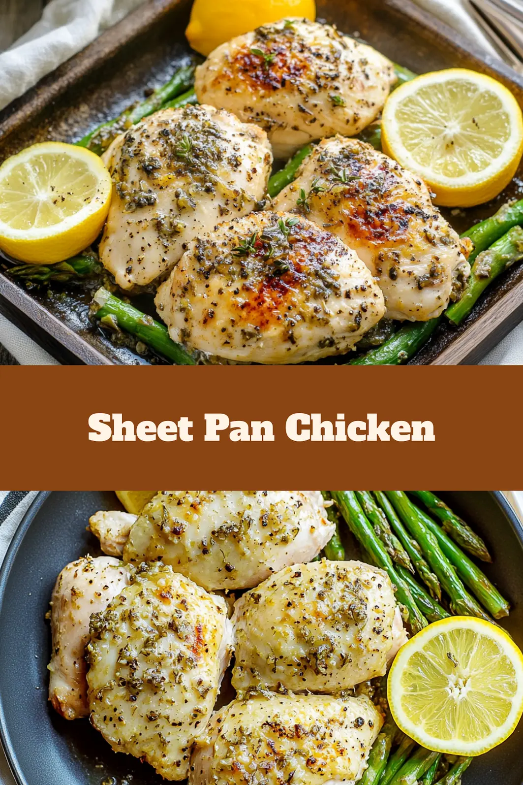 Sheet pan chicken asparagus lemon centered hero view, clean and uncluttered