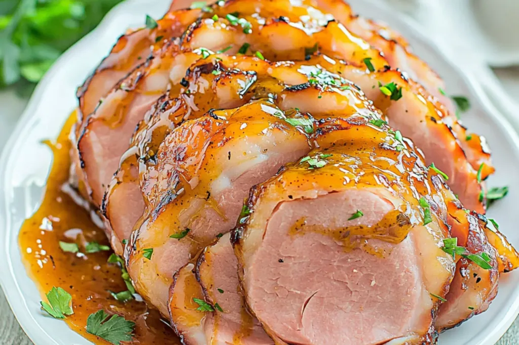 SLOW COOKER EASTER HAM HONEY MUSTARD centered hero view, clean and uncluttered
