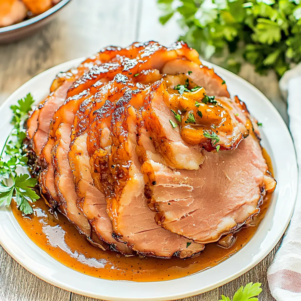 Slow cooker Easter ham with honey mustard glaze, centered hero view, clean and uncluttered